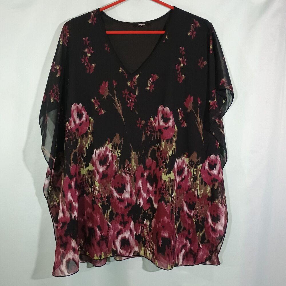Black Floral Sheer Blouse V Neck Flowy Lightweight Boho Top